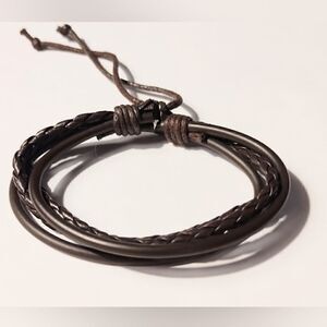 Men's bracelet leather braided layered brown new d48‎
